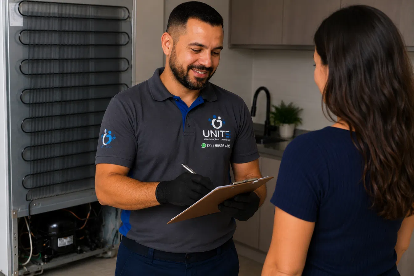 Técnico da Unite Refrigeração documentando a garantia do serviço para a cliente
