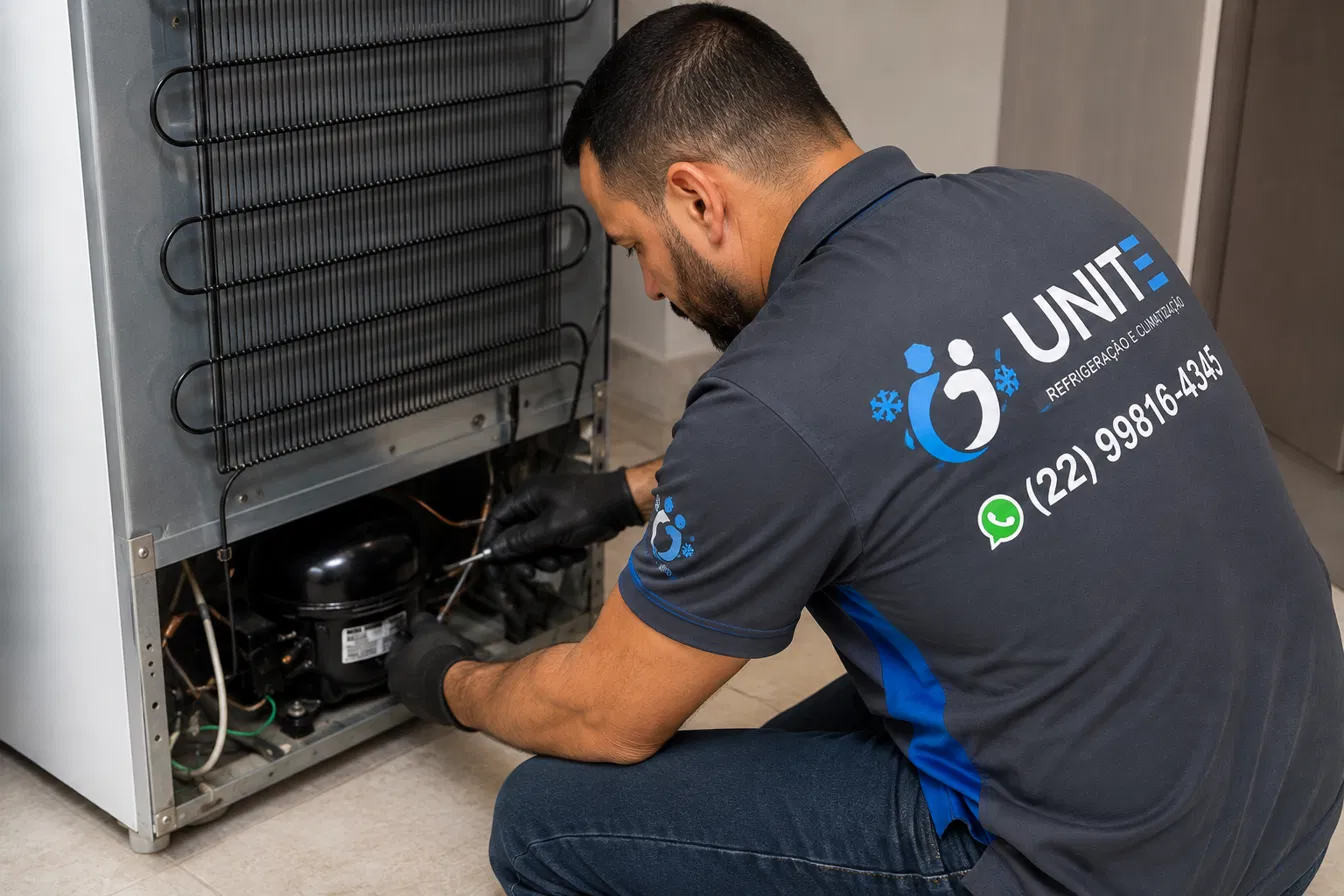 Técnico da Unite Refrigeração consertando o compressor de uma geladeira em Macaé