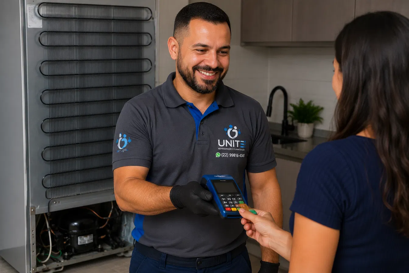 Técnico da Unite Refrigeração recebendo pagamento parcelado no cartão de crédito